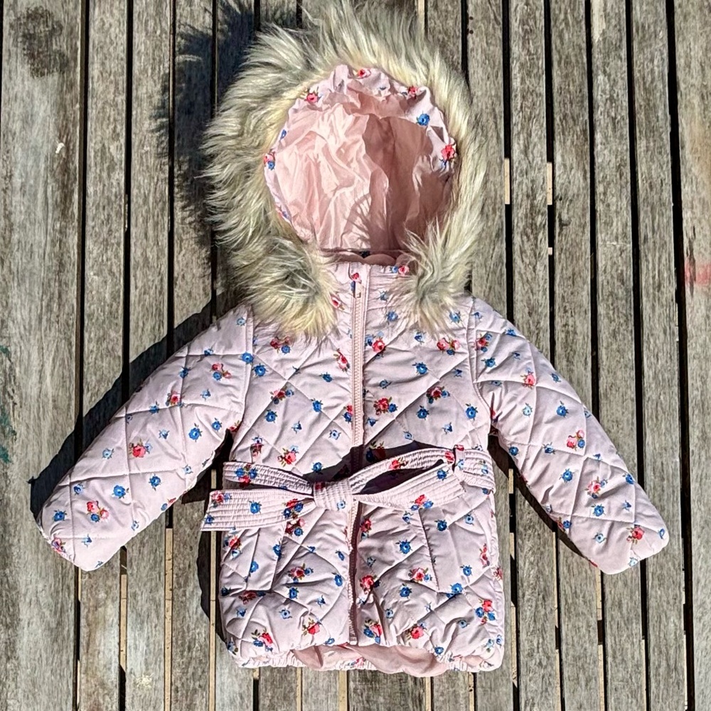 3-4 H&M Ballet Pink Puffer Coat Jacket with Roses and Detachable Faux Fur Collar